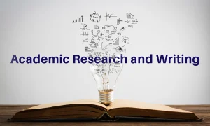 Academic Research and Writing image with 'Academic Research and Writing' text, a book, and a lightbulb above it