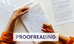 Proofreading service with human hand writing on paper and text 'Proofreading