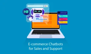 E-commerce chatbot service for sale and support with 'Chatbot Service for Sale and Support' text, laptop screen showing comments and robot