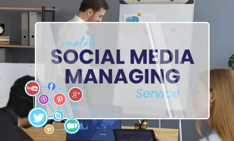 Complete social media managing service with text in the middle and various social media symbols on the left side