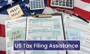 US tax eFiling service with papers, stationery, and text 'US Tax Filing Assistant