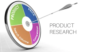 Product Research and Hunting image with 'Product Research' text on the left and an archery target board with an arrow in the middle