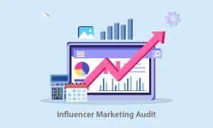 Influencer performance tracking and analytics with the text "Influencer Marketing Audit," along with graphs and related icons.