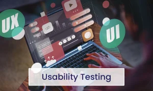 Usability testing service with 'Usability Testing' text and person checking software on laptop screen