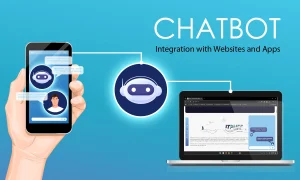 Chatbot integration with websites and app services with 'Chatbot Integration with Websites and App Services' text, phone connected with robot, and robot connected with laptop website