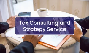 Tax consulting and strategy service with two persons writing in a register and text 'Tax Consulting and Strategy Service