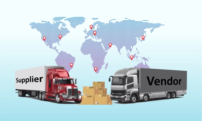 Supplier and Vendor Sourcing Service image with two trucks, one labeled 'Supplier' and the other 'Vendor