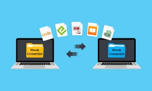 Ebook Format Conversion image with two laptops exchanging files, featuring Ebook conversion text