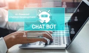 Custom AI powered chatbot development with 'AI Powered Chatbot Development' text and person using a laptop