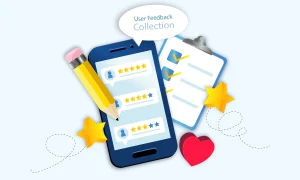 User feedback collection and analysis service with 'User Feedback Collection' text, phone, paper, and five stars for feedback