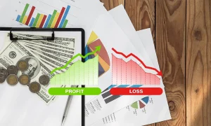 Profit and loss statement service with green and red graphs, labeled 'Profit' and 'Loss