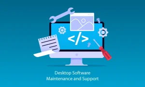 Desktop software maintenance and support service with 'Desktop Software Maintenance and Support' text and computer screen showing various icons