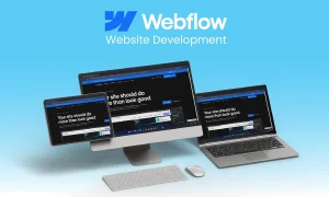 Webflow website development with devices displaying the Webflow homepage and the text "Webflow Website Development."