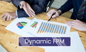 Dynamic financial projection modeling service with 'Dynamic FPM' text, graph on papers, and persons discussing the graphs